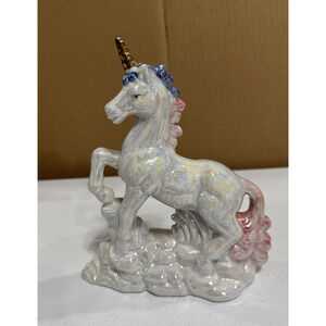 VTG Iridescent Lusterware Rearing Unicorn Figurine Statue White Pink Whimsical